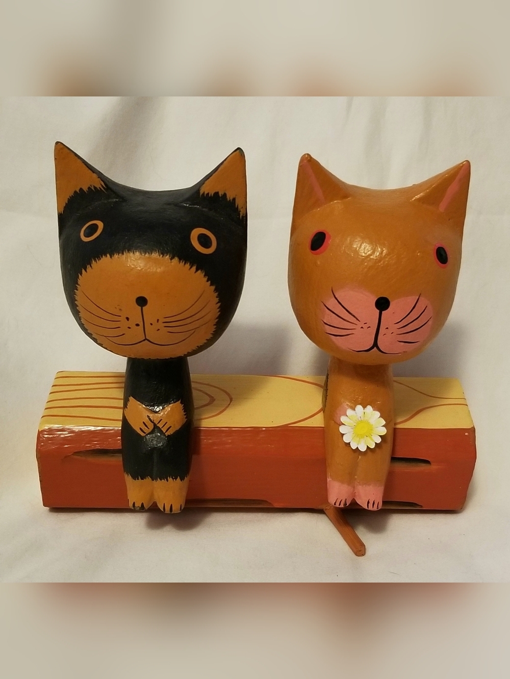 Handcrafted Wooden Cat Couple Sitting On A Log - Cute!!